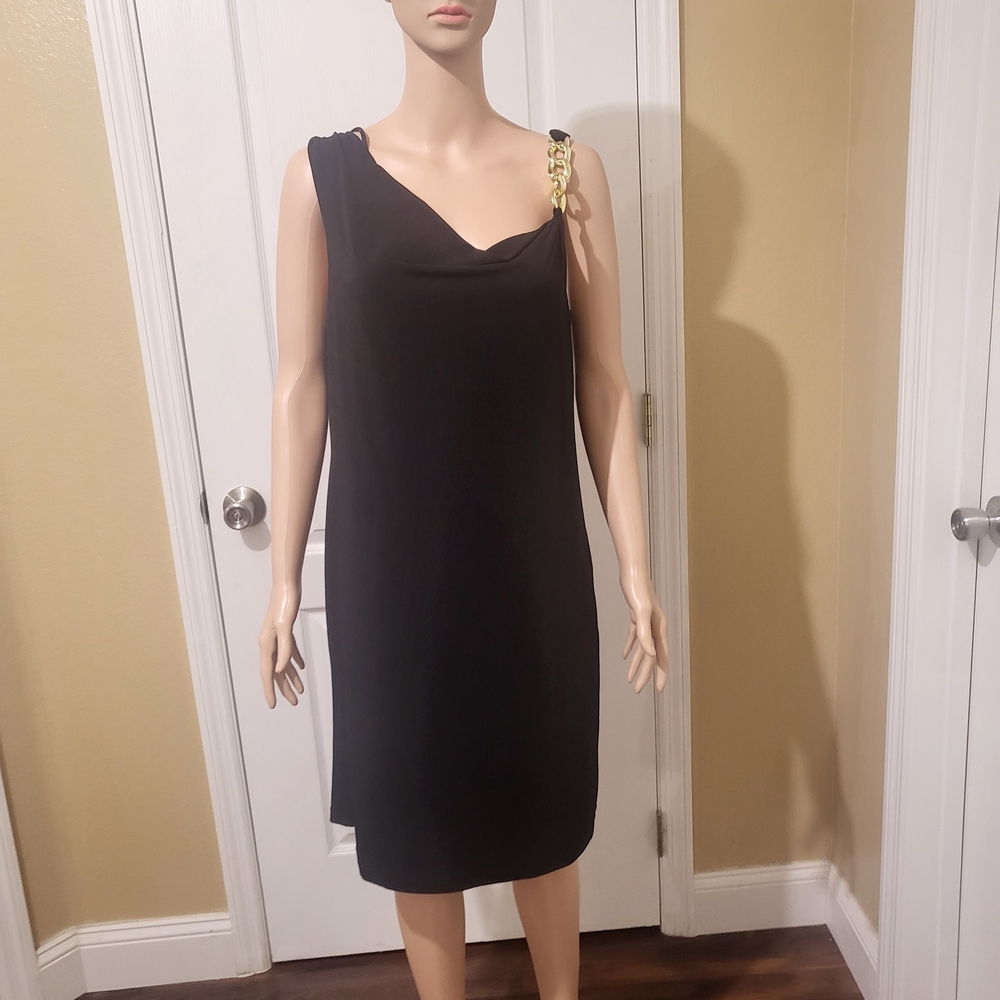 Emma & Michele Black One-Shoulder Dress with Gold Chain Strap L
